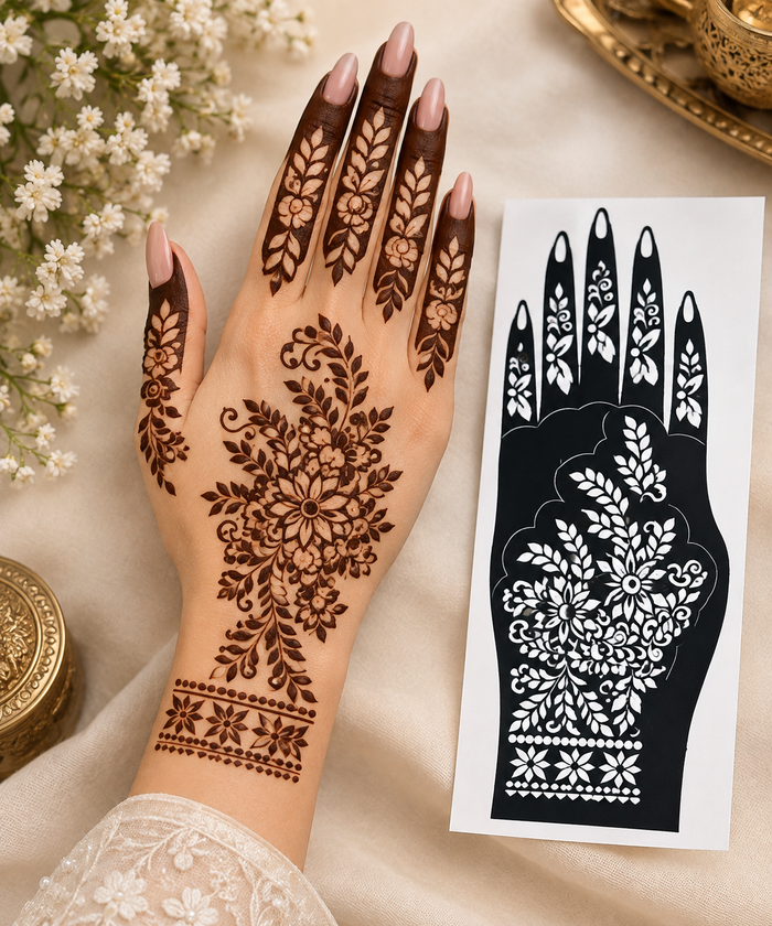 Elegant Floral Mehndi Stencil Set - BOTH HANDS